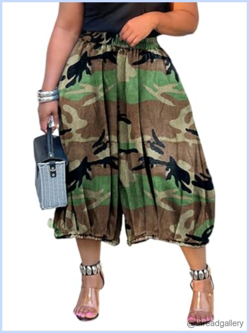 Women Camo Barrel Pants High Waisted Wide Leg Cropped Trousers